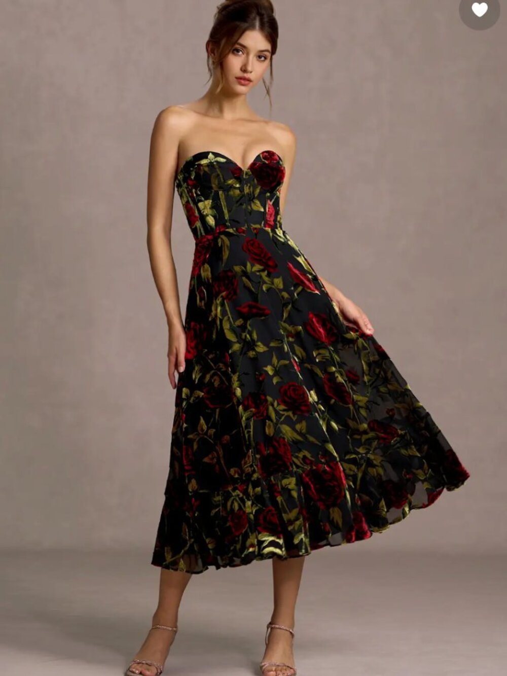 Azazie Zerina Black Strapless Midi Dress Red & Gold Floral Burnout